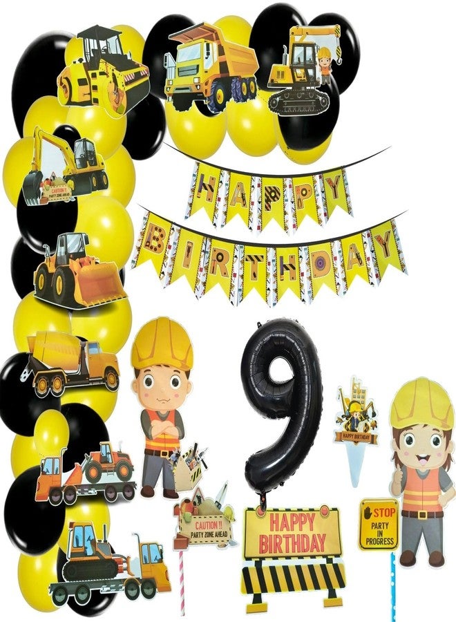FI - FLICK IN 58 pcs JCB Construction 9th Birthday Decoration Set of Happy Birthday Cardstock Paper banner Transport Theme Dump Truck with Yellow or Black Party Decoration for Boys (Pack of 58) - Image 1